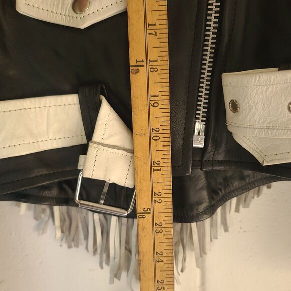 VTG Leather King Black & White Fringe Moto Jacket Braided Western Biker Women XL - Picture 11 of 16